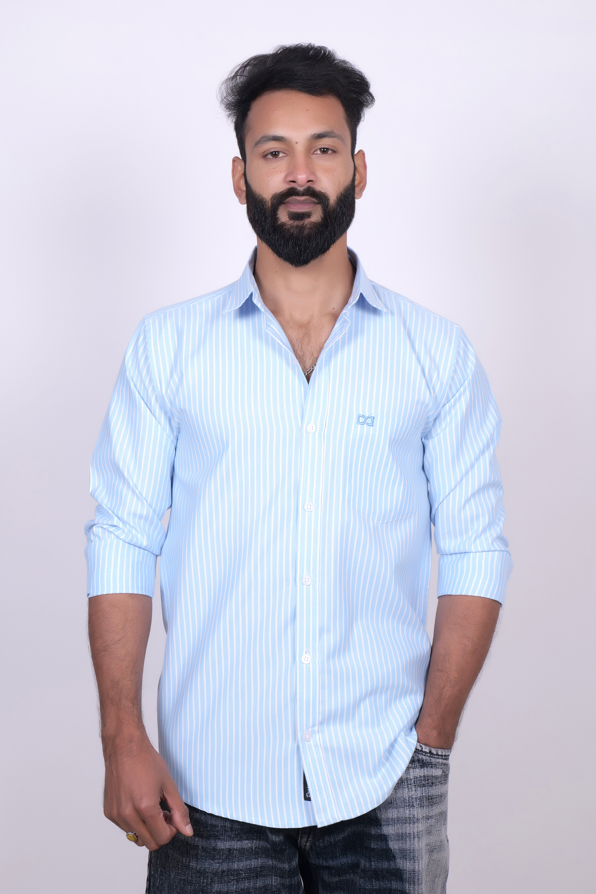 Drapes&Dream Baby Blue Striped Casual Men's Shirt